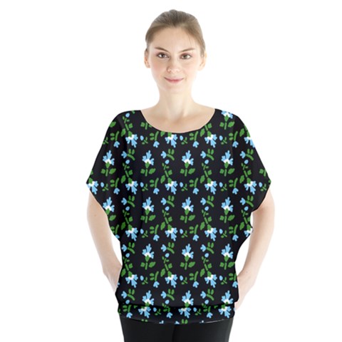 Carnation Pattern Black Batwing Chiffon Blouse by snowwhitegirl