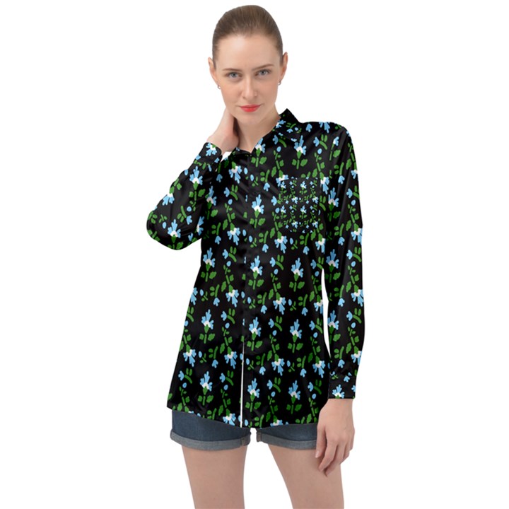 Carnation Pattern Black Long Sleeve Satin Shirt