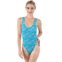 Carnation Pattern Blue High Leg Strappy Swimsuit by snowwhitegirl