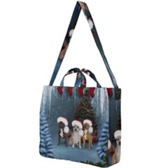 Christmas, Cute Dogs With Christmas Hat Square Shoulder Tote Bag by FantasyWorld7