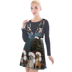 Christmas, Cute Dogs With Christmas Hat Plunge Pinafore Velour Dress by FantasyWorld7