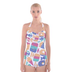 Icecream Pattern Pastel Sumer Boyleg Halter Swimsuit  by Vaneshart