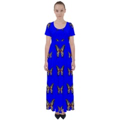 Butterfly Pattern Blue Insects High Waist Short Sleeve Maxi Dress by Vaneshart