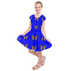 Butterfly Pattern Blue Insects Kids  Short Sleeve Dress