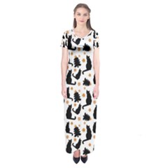 Black Cat Star Christmas Tree Short Sleeve Maxi Dress