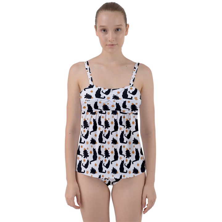 Black Cat Star Christmas Tree Twist Front Tankini Set