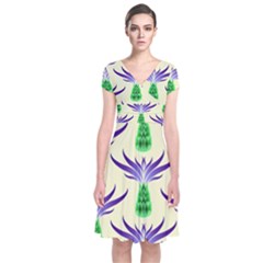 Thistles Purple Flora Flowering Short Sleeve Front Wrap Dress