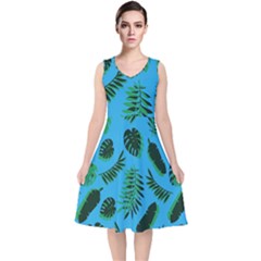 Tropical Leaves Nature V-neck Midi Sleeveless Dress 