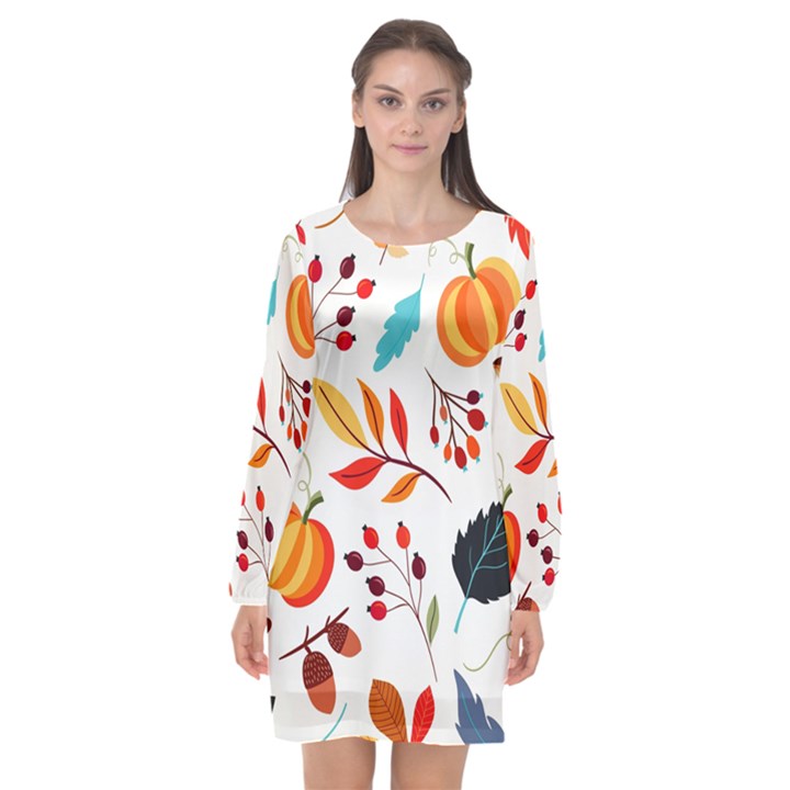 Pattern Pumpkins Autumn Long Sleeve Chiffon Shift Dress 