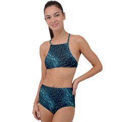 Texture Glass Network Glass Blue High Waist Tankini Set