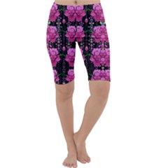 In The Dark Is Rain And Fantasy Flowers Decorative Cropped Leggings  by pepitasart