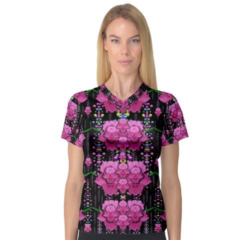 In The Dark Is Rain And Fantasy Flowers Decorative V-neck Sport Mesh Tee by pepitasart