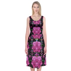 In The Dark Is Rain And Fantasy Flowers Decorative Midi Sleeveless Dress by pepitasart