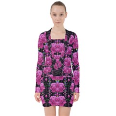 In The Dark Is Rain And Fantasy Flowers Decorative V-neck Bodycon Long Sleeve Dress by pepitasart