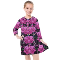 In The Dark Is Rain And Fantasy Flowers Decorative Kids  Quarter Sleeve Shirt Dress by pepitasart