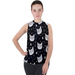 Gothic Cat Mock Neck Chiffon Sleeveless Top by Valentinaart