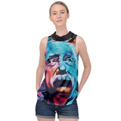 Albert Einstein Retro Wall Graffiti Blue Pink Orange Modern Urban Art Grunge High Neck Satin Top by snek