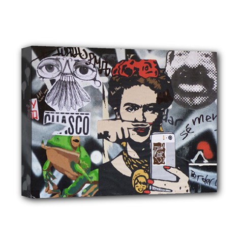 Frida Kahlo brick wall graffiti urban art with grunge eye and frog  Deluxe Canvas 16  x 12  (Stretched) 