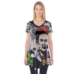 Frida Kahlo Brick Wall Graffiti Urban Art With Grunge Eye And Frog  Short Sleeve Tunic  by snek