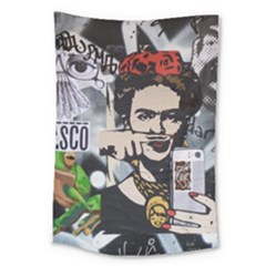 Frida Kahlo Brick Wall Graffiti Urban Art With Grunge Eye And Frog  Large Tapestry by snek