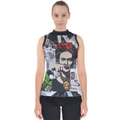 Frida Kahlo brick wall graffiti urban art with grunge eye and frog  Mock Neck Shell Top