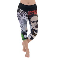 Frida Kahlo Brick Wall Graffiti Urban Art With Grunge Eye And Frog  Lightweight Velour Capri Yoga Leggings by snek