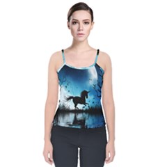 Wonderful Unicorn Silhouette In The Night Velvet Spaghetti Strap Top by FantasyWorld7