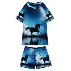Wonderful Unicorn Silhouette In The Night Kids  Swim Tee And Shorts Set by FantasyWorld7