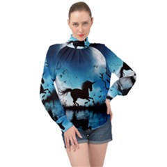 Wonderful Unicorn Silhouette In The Night High Neck Long Sleeve Chiffon Top by FantasyWorld7