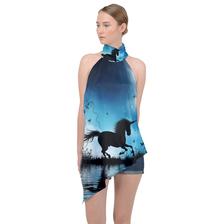 Wonderful Unicorn Silhouette In The Night Halter Asymmetric Satin Top