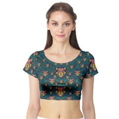 Hearts And Sun Flowers In Decorative Happy Harmony Short Sleeve Crop Top by pepitasart