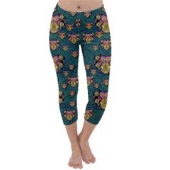 Hearts And Sun Flowers In Decorative Happy Harmony Capri Winter Leggings  by pepitasart