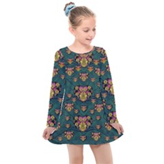 Hearts And Sun Flowers In Decorative Happy Harmony Kids  Long Sleeve Dress