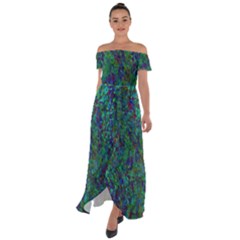 Essence Of A Peacock Off Shoulder Open Front Chiffon Dress by bloomingvinedesign