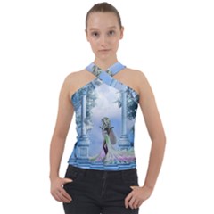 Cute Fairy With Dove Cross Neck Velour Top