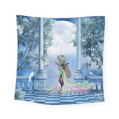 Cute Fairy With Dove Square Tapestry (small) by FantasyWorld7