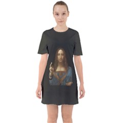 Salvator Mundi Leonardo Davindi 1500 Jesus Christ Savior Of The World Original Paint Most Expensive In The World Sixties Short Sleeve Mini Dress by snek