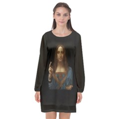 Salvator Mundi Leonardo Davindi 1500 Jesus Christ Savior Of The World Original Paint Most Expensive In The World Long Sleeve Chiffon Shift Dress  by snek