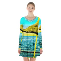 Pop Art Beach Umbrella  Long Sleeve Velvet V-neck Dress