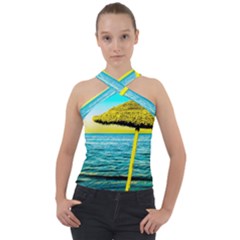 Pop Art Beach Umbrella  Cross Neck Velour Top