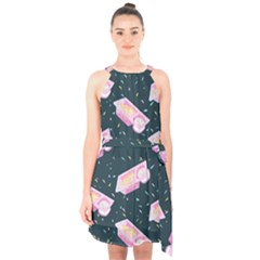 Dunkaroos Funfetti Print Dark Blue 1 Halter Collar Waist Tie Chiffon Dress