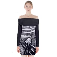 The Scream Edvard Munch 1893 Original Lithography Black And White Engraving Long Sleeve Off Shoulder Dress by snek