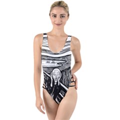 The Scream Edvard Munch 1893 Original lithography black and white engraving High Leg Strappy Swimsuit
