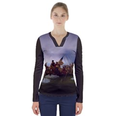 George Washington Crossing Of The Delaware River Continental Army 1776 American Revolutionary War Original Painting V-neck Long Sleeve Top by snek