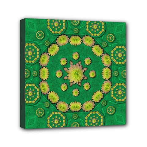 Fauna Bloom Mandalas On Bohemian Green Leaves Mini Canvas 6  X 6  (stretched) by pepitasart