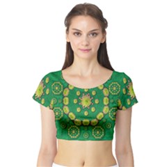 Fauna Bloom Mandalas On Bohemian Green Leaves Short Sleeve Crop Top by pepitasart