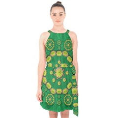 Fauna Bloom Mandalas On Bohemian Green Leaves Halter Collar Waist Tie Chiffon Dress by pepitasart