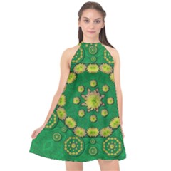 Fauna Bloom Mandalas On Bohemian Green Leaves Halter Neckline Chiffon Dress  by pepitasart