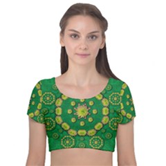 Fauna Bloom Mandalas On Bohemian Green Leaves Velvet Short Sleeve Crop Top  by pepitasart