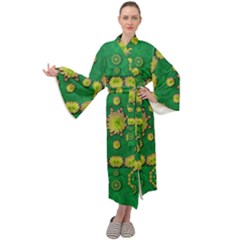 Fauna Bloom Mandalas On Bohemian Green Leaves Maxi Velour Kimono by pepitasart